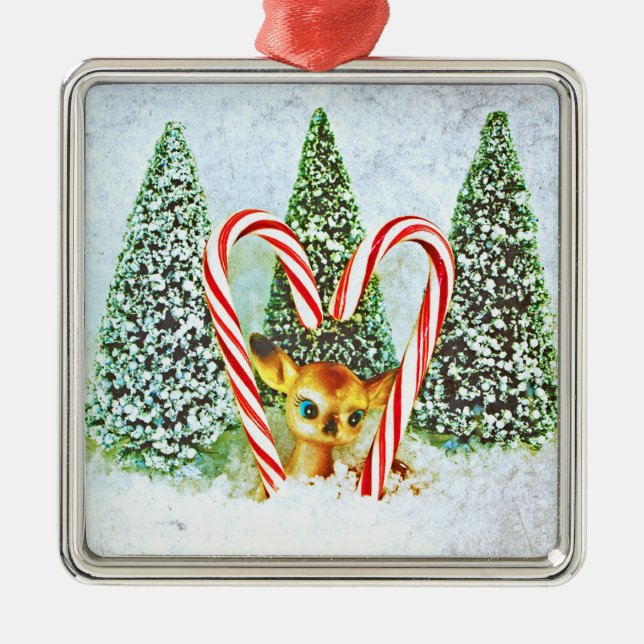 Retro Christmas Fawn Metal Ornament (Front)