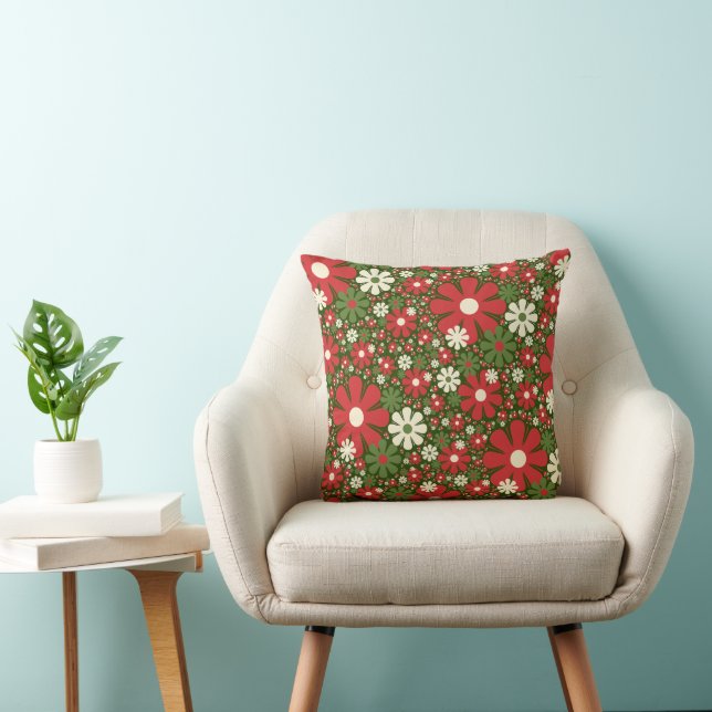Retro Christmas Floral Fantasy Pattern Red Green Throw Pillow (Chair)