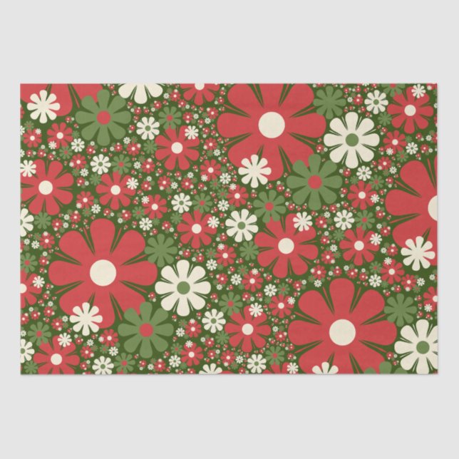 Retro Christmas Floral Fantasy Pattern Red Green Tissue Paper (Front)