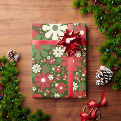 Retro Christmas Floral Fantasy Pattern Red Green Wrapping Paper