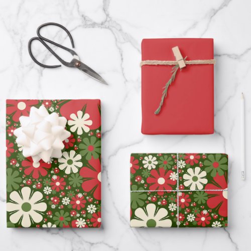 Retro Christmas Floral Fantasy Pattern Red Green Wrapping Paper Sheets