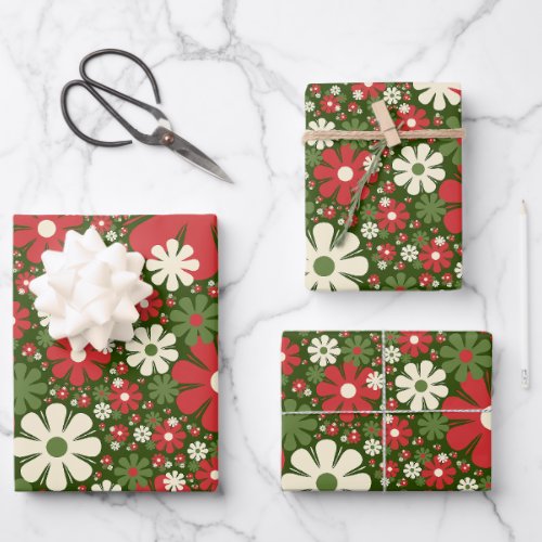 Retro Christmas Floral Fantasy Pattern Red Green Wrapping Paper Sheets
