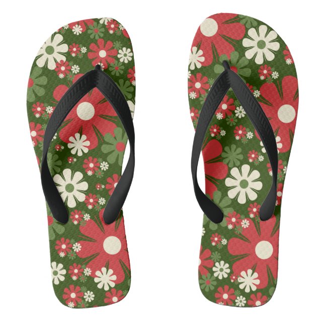 Retro Christmas Flowers 60s 70s Aesthetic Floral Flip Flops (Footbed)