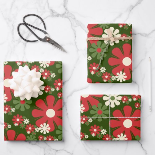 Retro Christmas Flowers 60s 70s Aesthetic Floral Wrapping Paper Sheets
