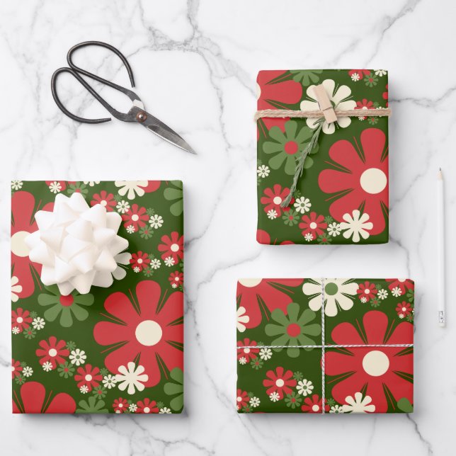 Retro Christmas Flowers 60s 70s Aesthetic Floral Wrapping Paper Sheets (Front)