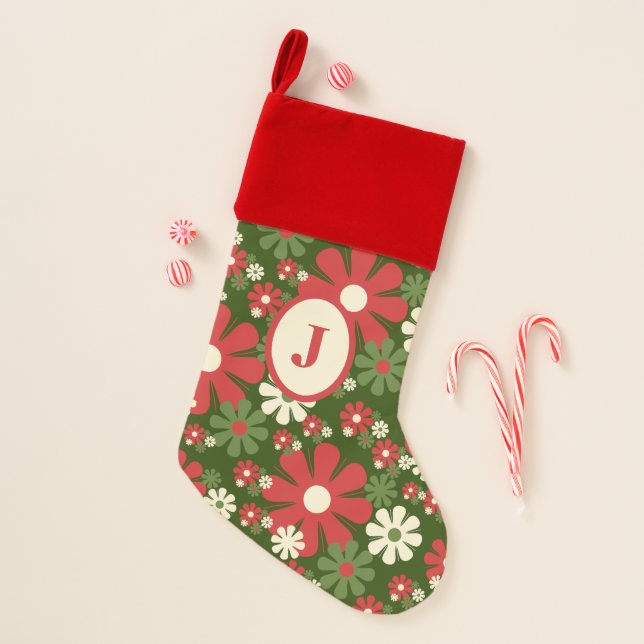 Retro Christmas Flowers 60s 70s Floral Initial Christmas Stocking (Front)