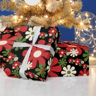 Retro Christmas Flowers 60s 70s Floral on Black Wrapping Paper