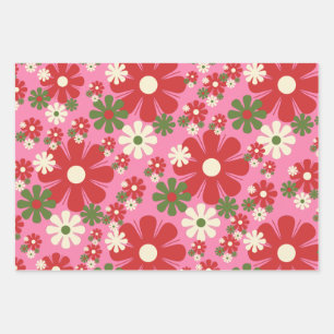 Retro Christmas Flowers 60s 70s Floral on Pink Wrapping Paper Sheets