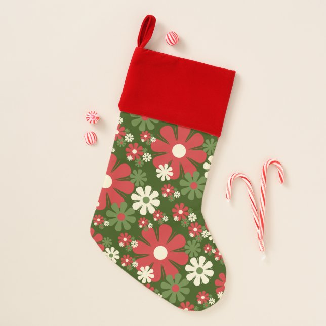 Retro Christmas Flowers 60s 70s Floral Pattern Christmas Stocking (Front)
