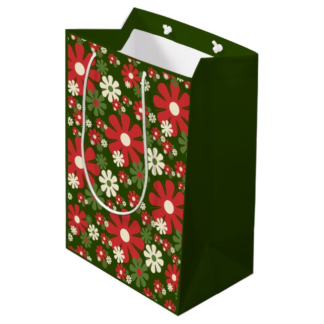 Retro Christmas Flowers 60s 70s Floral Pattern Medium Gift Bag (Back Angled)