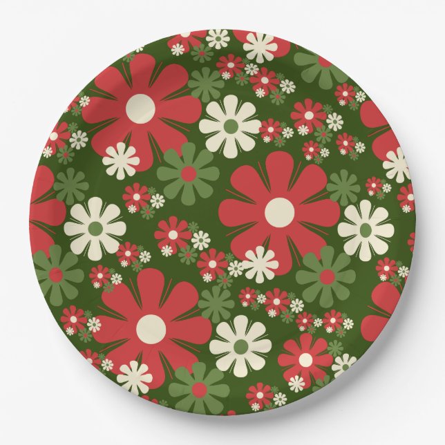Retro Christmas Flowers 60s 70s Floral Pattern Paper Plates (Front)