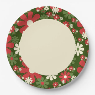 Retro Christmas Flowers 60s 70s Floral Pattern Paper Plates