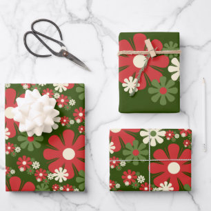Retro Christmas Flowers 60s 70s Floral Patterns Wrapping Paper Sheets