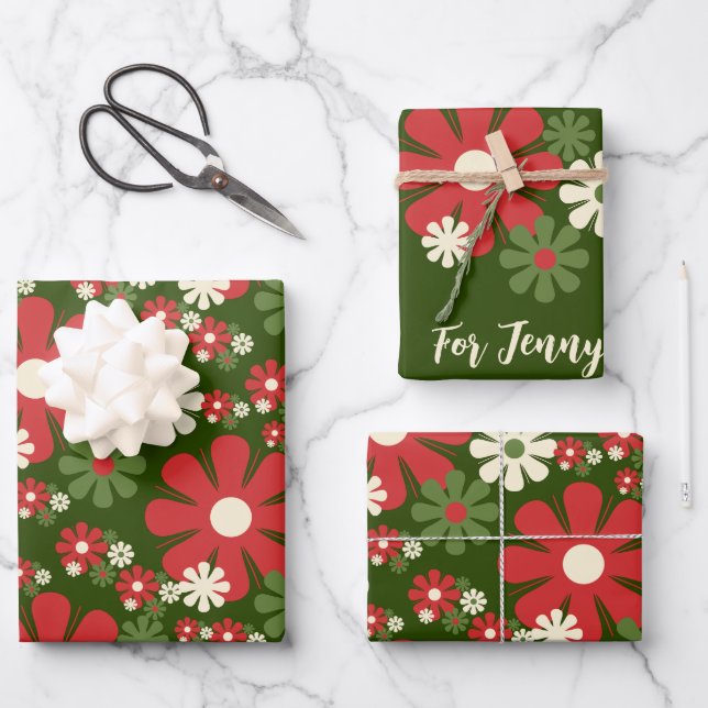 Retro Christmas Flowers 60s 70s Florals with Name Wrapping Paper Sheets (Front)