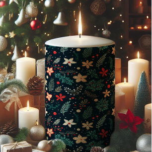 Retro Christmas Flowers Pillar Candle