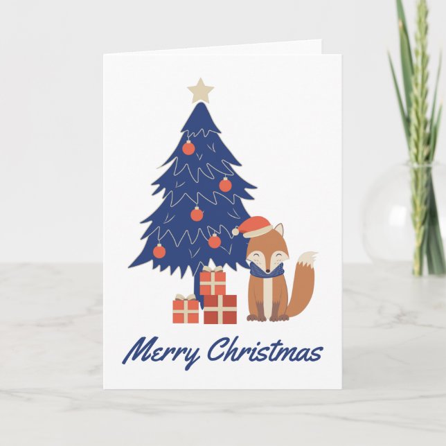 Retro Christmas Fox Illustration Blue Red Holiday Card (Front)