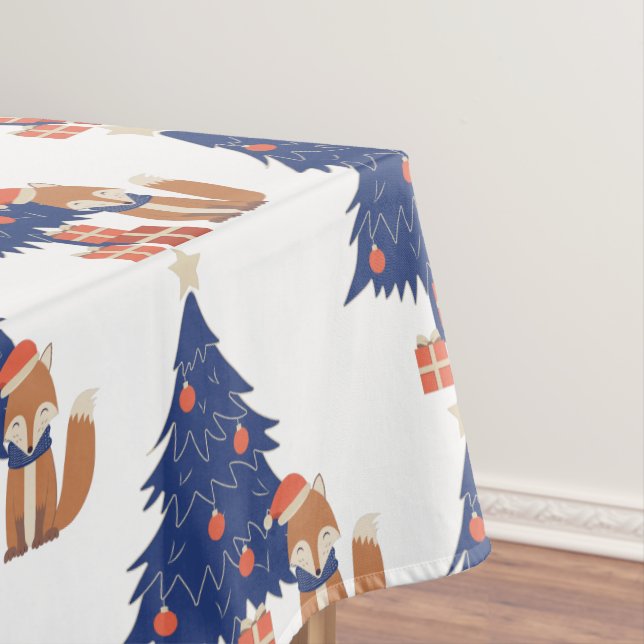Retro Christmas Fox Illustration Blue Red Tablecloth (In Situ)