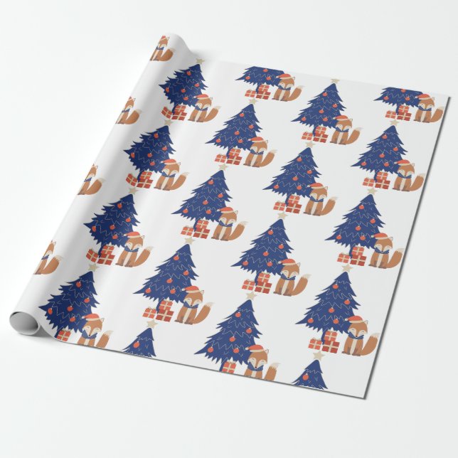 Retro Christmas Fox Illustration Blue Red Wrapping Paper (Unrolled)