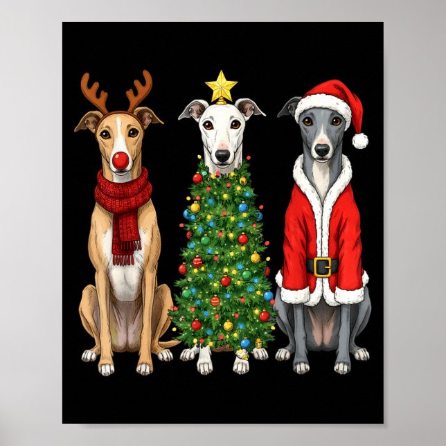 Retro Christmas Ghound Santa Reindeer Dog Lover  Poster (Front)