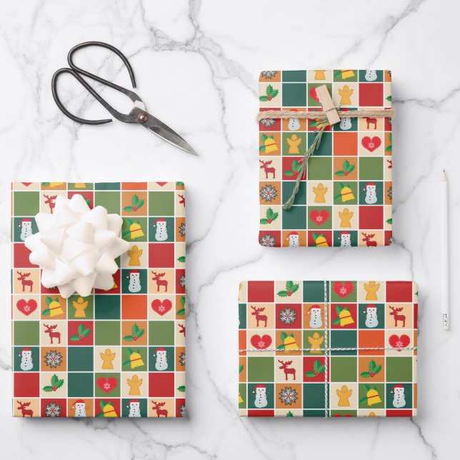 Retro Christmas Gift Wrapping Paper - 3 Sheets  (Front)