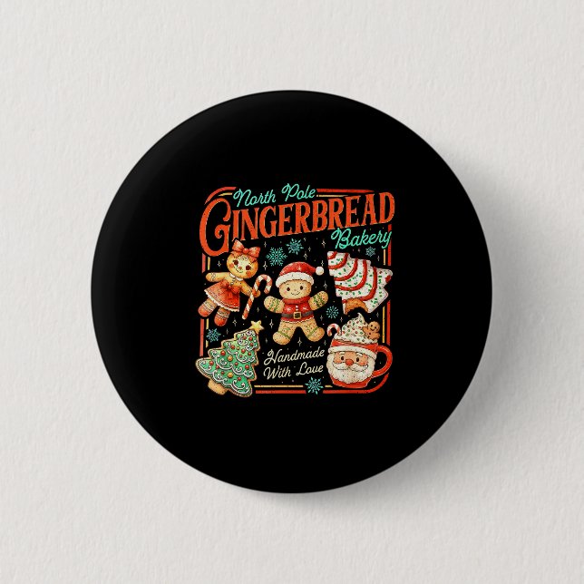 Retro Christmas Gingerbread Bakery North Le Cookie Button (Front)