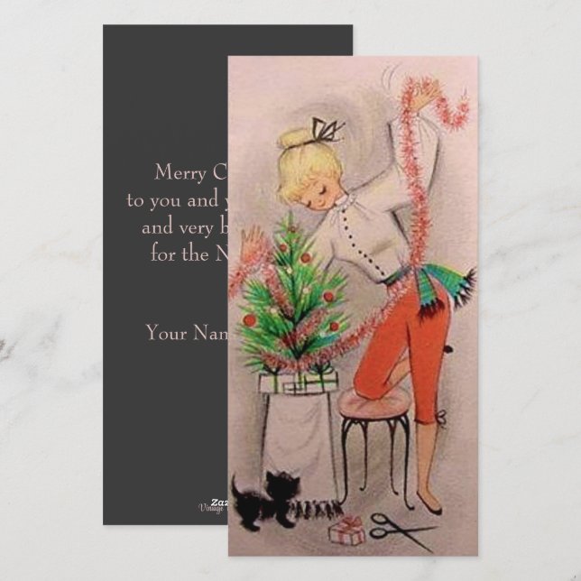 Retro Christmas Girl Trimming Tree Custom Holiday Card (Front/Back)