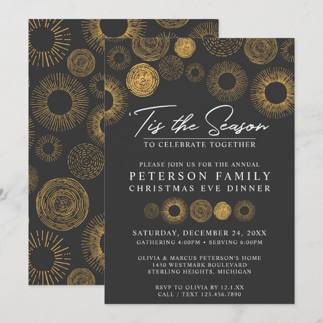 Retro Christmas Gold Burst Holiday Dinner / Party Invitation (Front/Back)