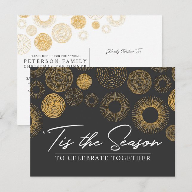 Retro Christmas Gold Burst Holiday Dinner / Party Invitation Postcard (Front/Back)