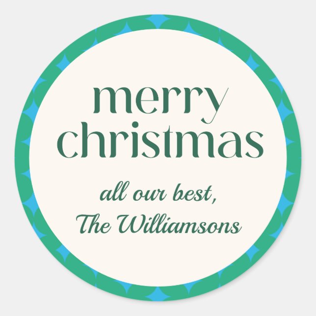 Retro Christmas Green Blue Personalized Name Classic Round Sticker (Front)