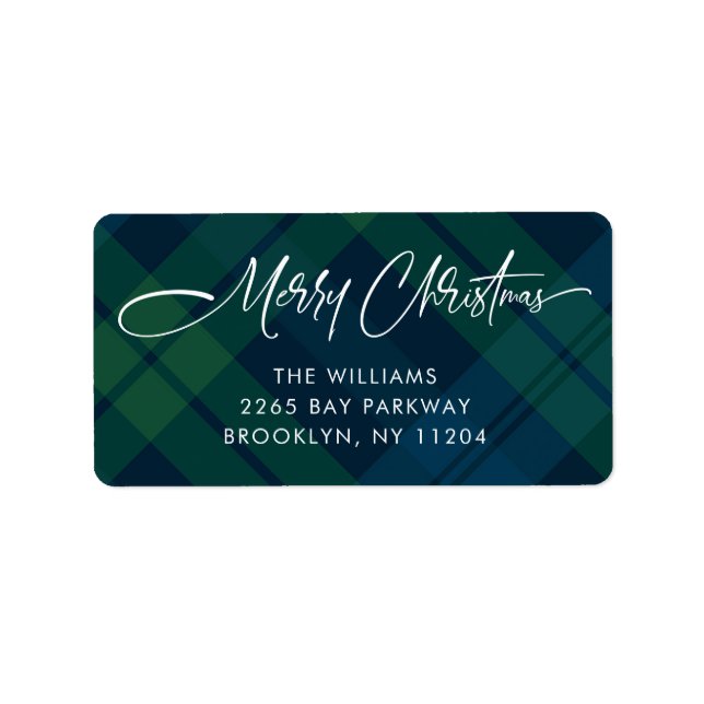 Retro Christmas Green Blue Plaid Label (Front)
