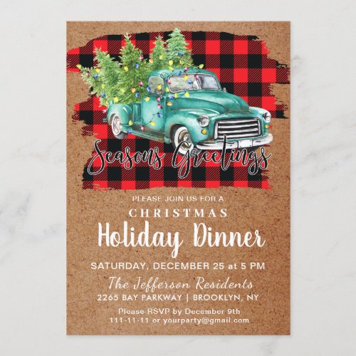 Retro Christmas Green Truck Buffalo Holiday Dinner Invitation