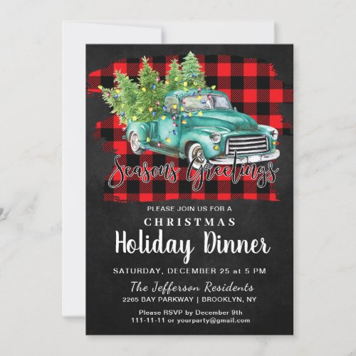Retro Christmas Green Truck Buffalo Holiday Dinner Invitation
