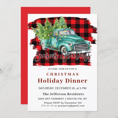 Retro Christmas Green Truck Buffalo Holiday Dinner Invitation