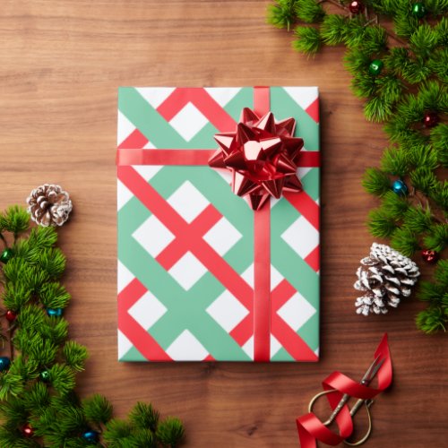 Retro Christmas Grid Aqua and Red Wrapping Paper