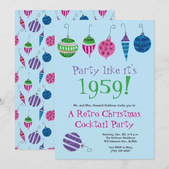Retro Christmas Hand-Illustrated Cocktail Party  Invitation (Front/Back)