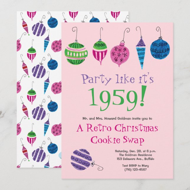 Retro Christmas Hand-Illustrated Cocktail Party Invitation (Front/Back)