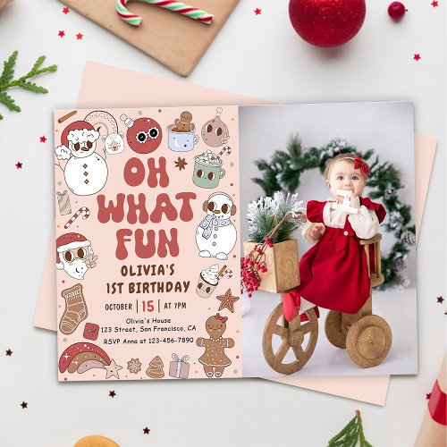 Retro Christmas Hippie Santa 1st Birthday Photo Invitation