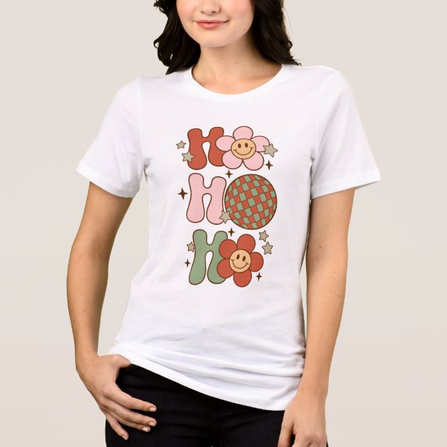 Retro Christmas Ho Ho Ho Happy Face and Disco Ball Tri-Blend Shirt (Front)
