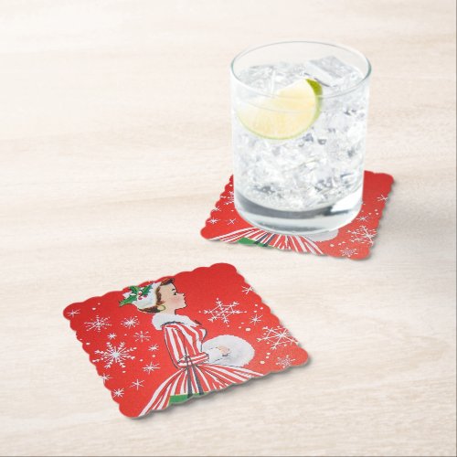 Retro Christmas Holiday lady party coaster