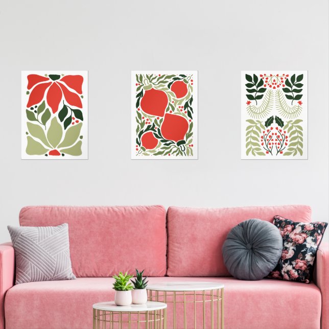Retro Christmas Holiday Ornaments & Botanical Red Wall Art Sets (Livingroom)