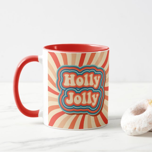 Retro Christmas Holidays Holly Jolly Typography Mug (With Donut)