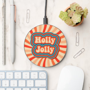 Retro Christmas Holidays Holly Jolly Typography Wireless Charger