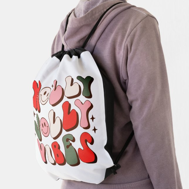 Retro Christmas Holly Jolly Vibes Trendy Holidays Drawstring Bag (Insitu)