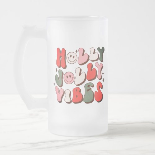Retro Christmas Holly Jolly Vibes Trendy Holidays Frosted Glass Beer Mug