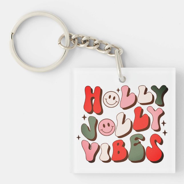 Retro Christmas Holly Jolly Vibes Trendy Holidays Keychain (Front)