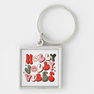 Retro Christmas Holly Jolly Vibes Trendy Holidays Keychain