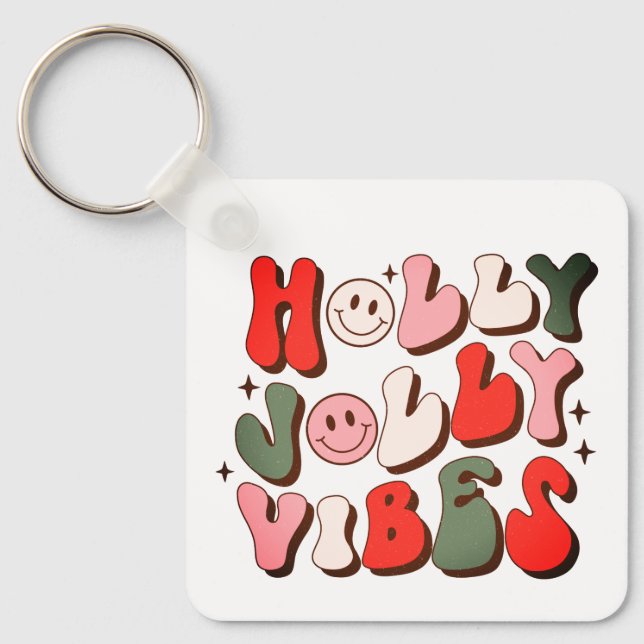 Retro Christmas Holly Jolly Vibes Trendy Holidays Keychain (Front)