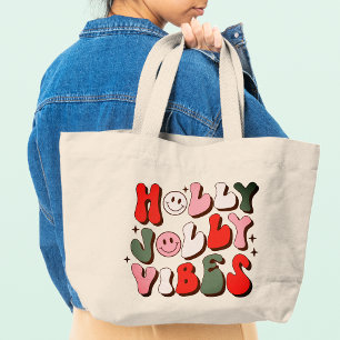 Retro Christmas Holly Jolly Vibes Trendy Holidays Large Tote Bag