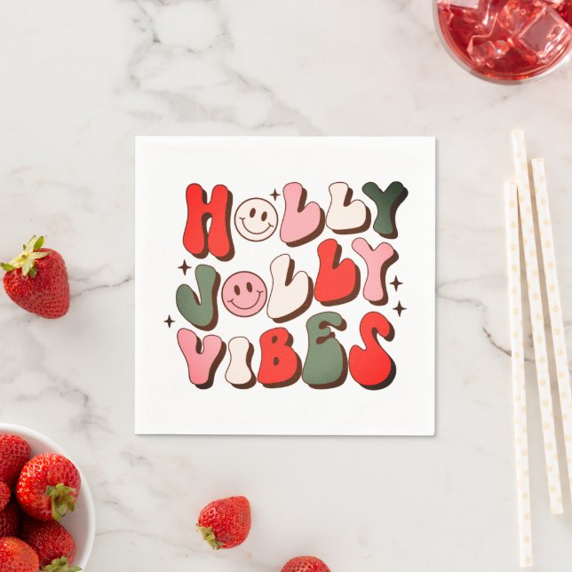 Retro Christmas Holly Jolly Vibes Trendy Holidays Napkins (Insitu)