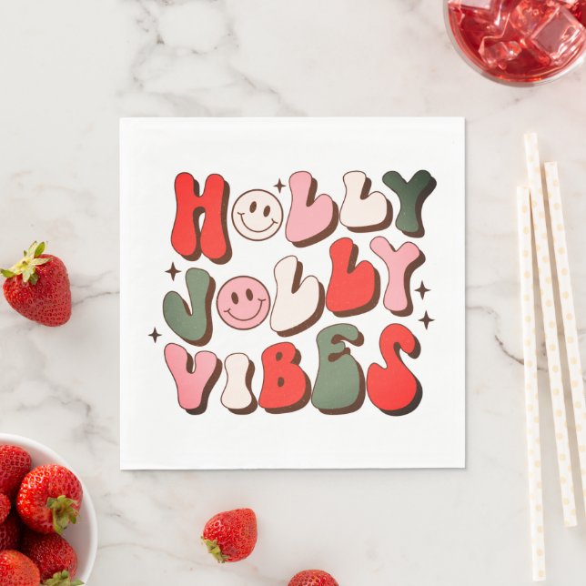 Retro Christmas Holly Jolly Vibes Trendy Holidays Napkins (Insitu)